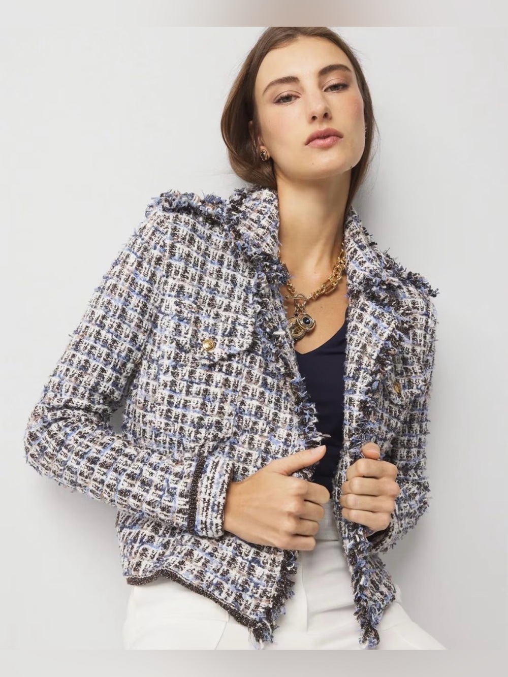 Women’s White House Black Market Tweed Sweater Jacket Blue Size Small